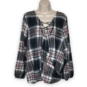 Knox Rose Plaid Front Rib Knit Back Lace Up Surplice Long Sleeve Top Women Large